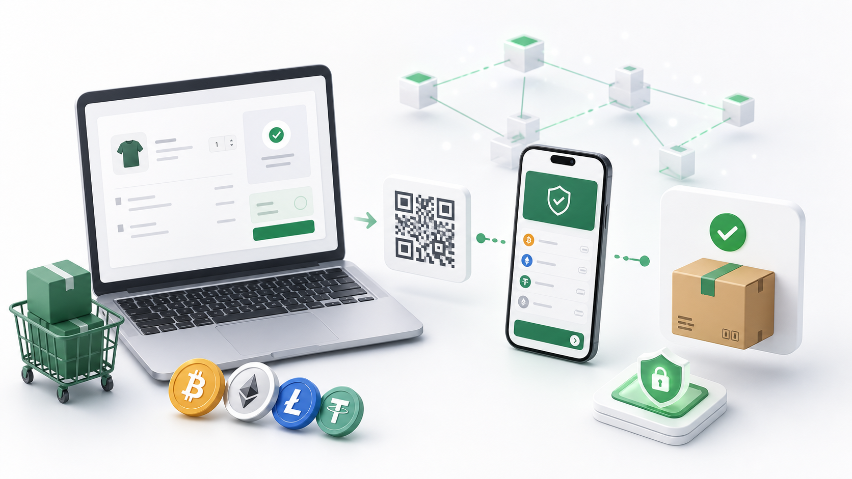 Crypto payment flow from checkout to wallet confirmation
