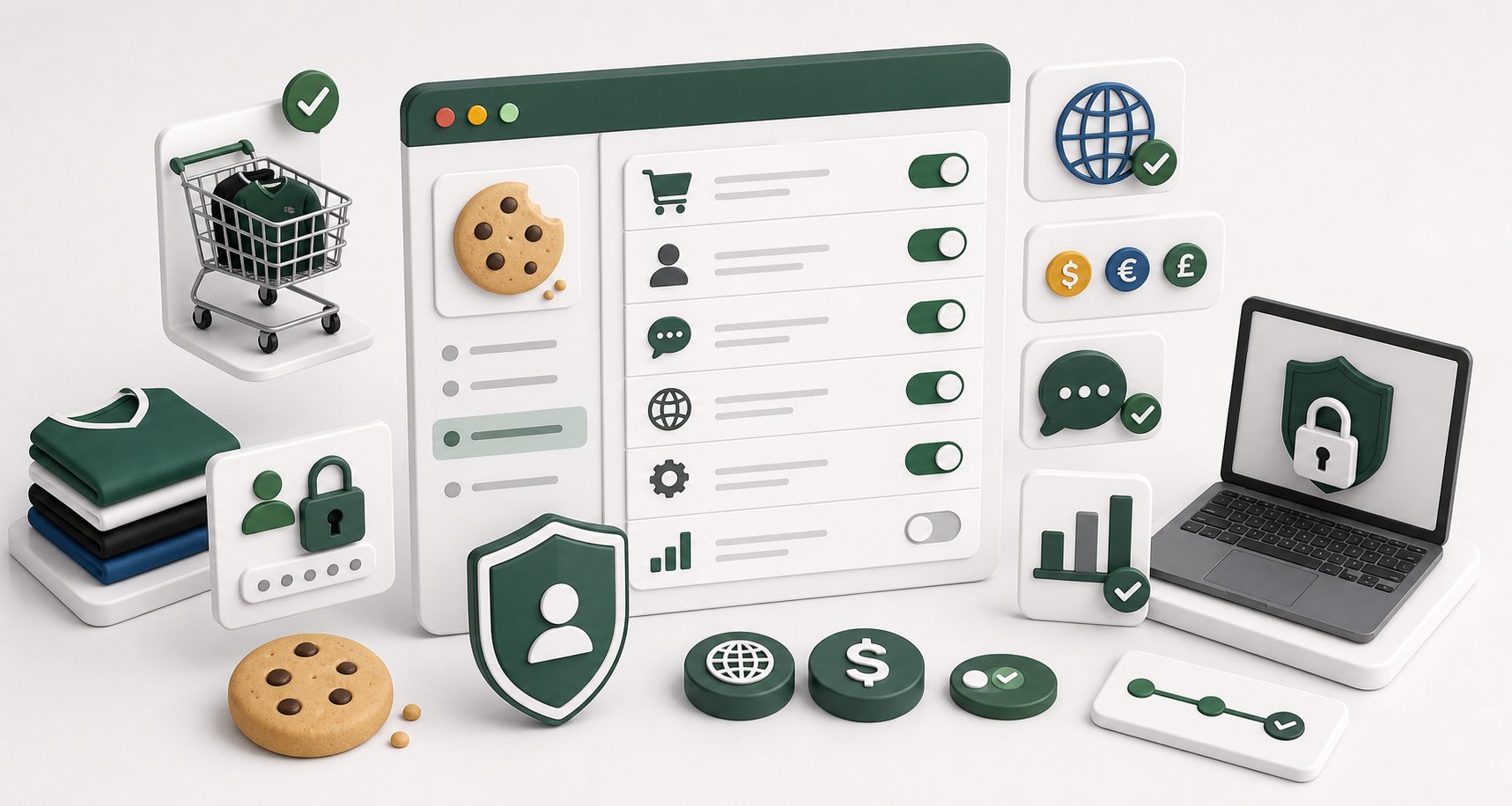 Cookie policy illustration with browser preferences, cart memory, and privacy protection