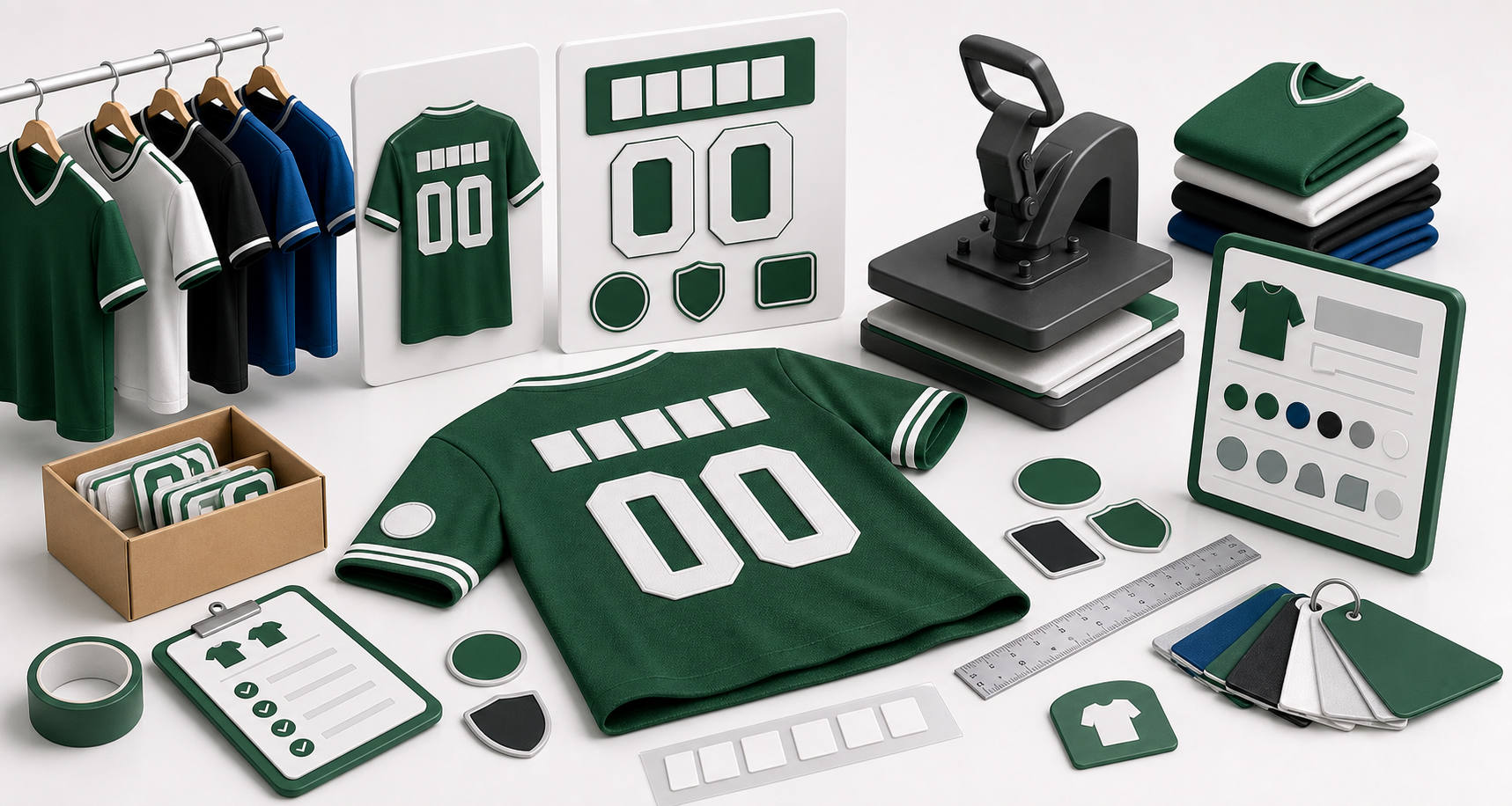 Custom jersey workbench with name, number, patch, swatch, and measurement elements