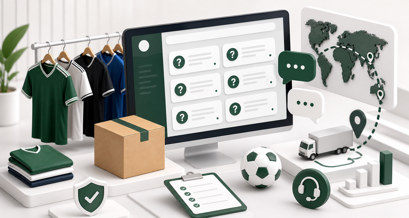 Wholesale jersey help center with FAQ cards and order support symbols