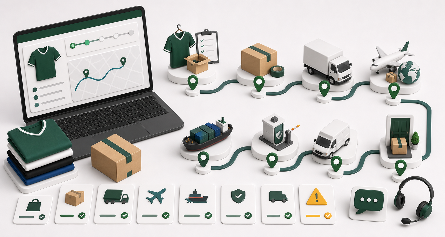 Order tracking illustration with package route, logistics nodes, and delivery status cards