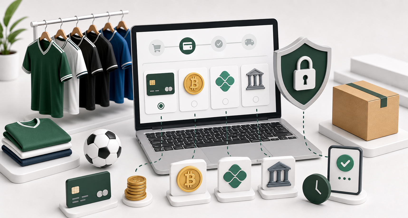 Secure checkout illustration with card, crypto, instant payment, and order package