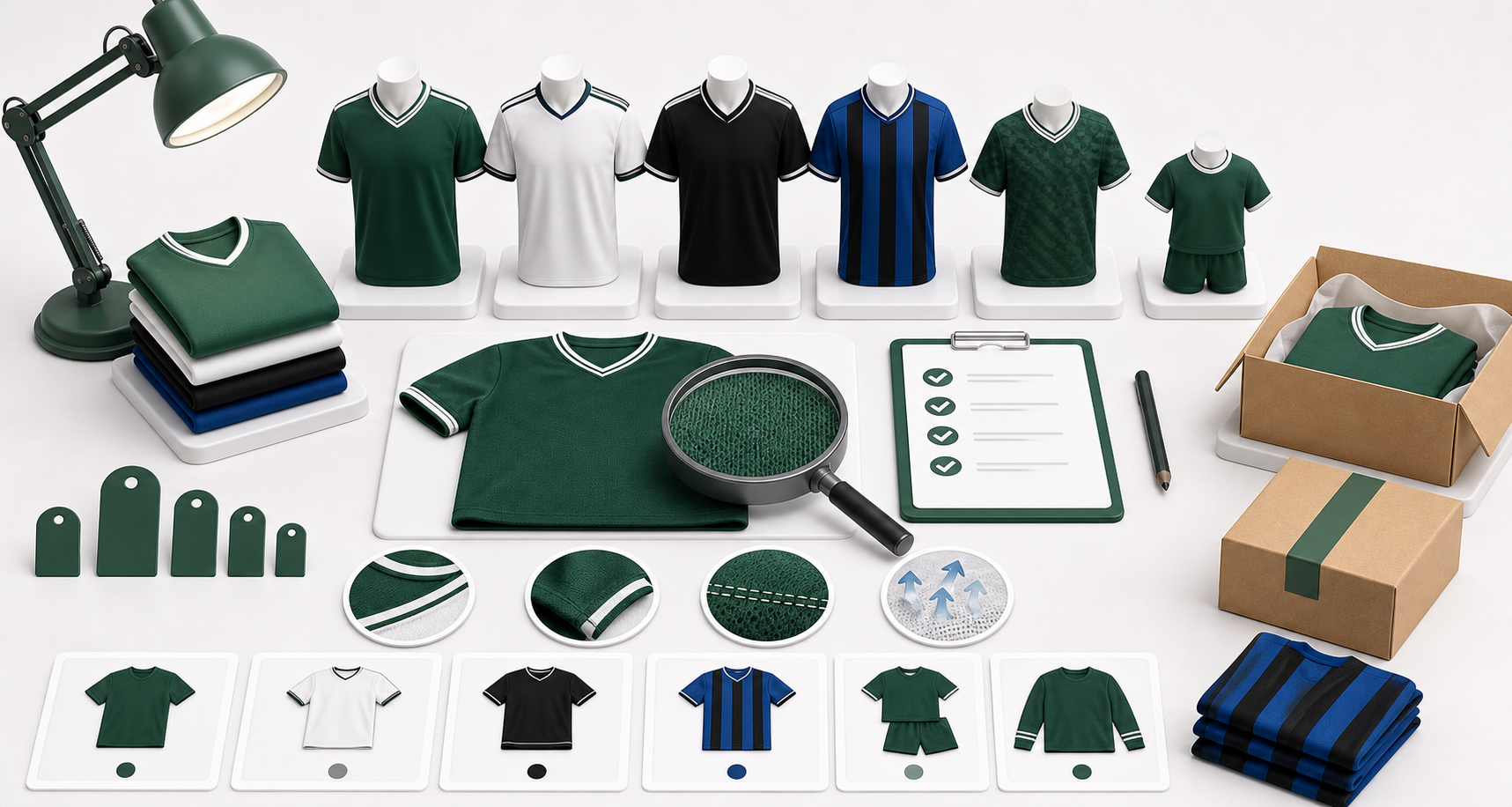 Jersey quality control illustration with fabric magnifier, size tags, and inspection checklist