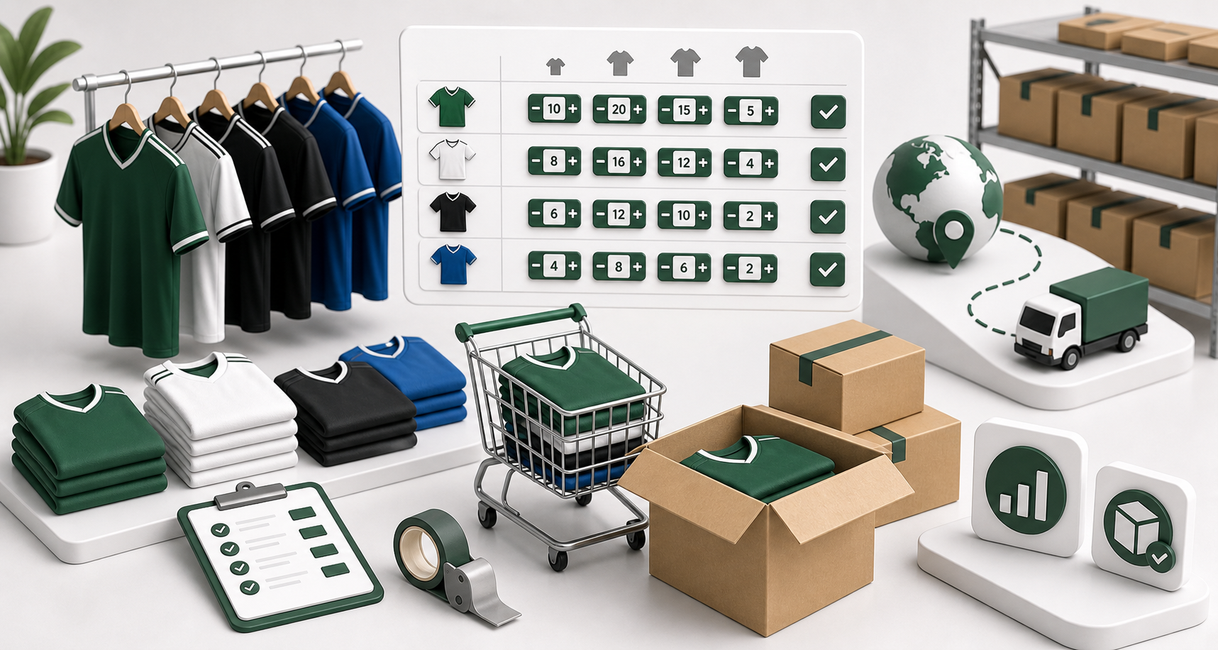 Wholesale jersey order planning with product list, packages, and shipping route